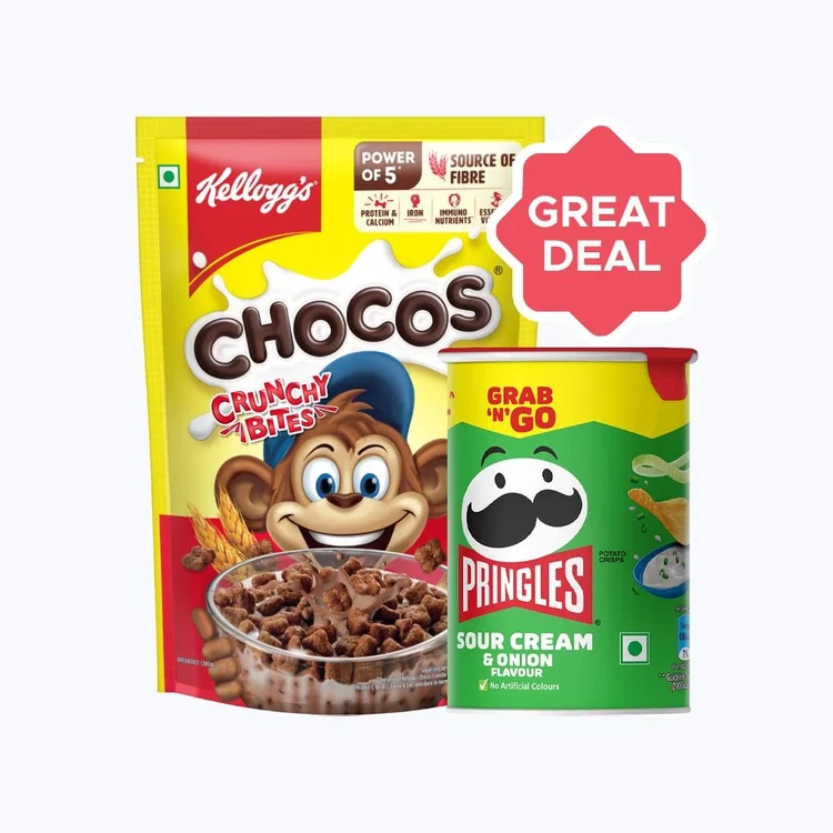 Kellogg's Chocos Crunchy Bites Kids Cereal + Pringles Sour Cream & Onion Potato Chips (40 g) Combo