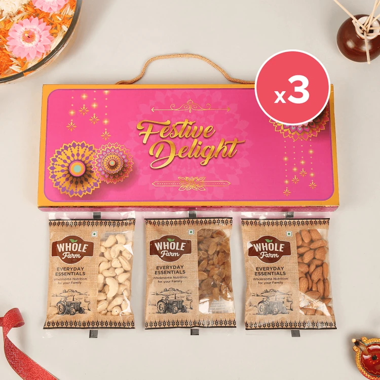Festive Delight (Cashew + Raisins + Almond) Dry Fruits Gift Pack - Pack of 3 (Dry Fruits Udugore Pack)