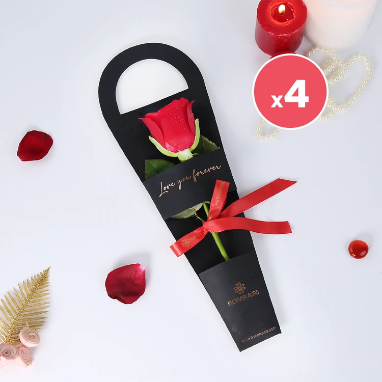 FlowerAura Timeless Single Red Rose Bouquet Pack of 4