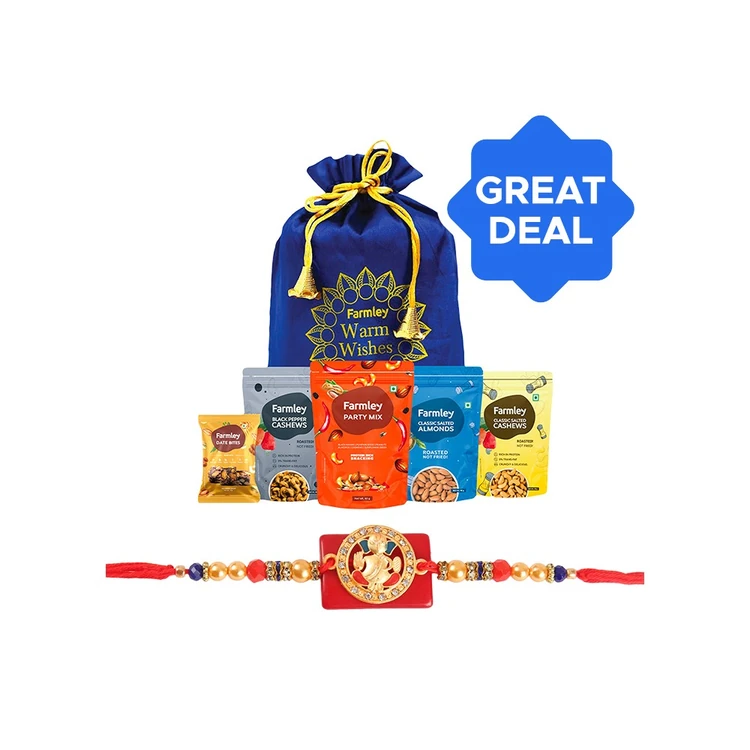 Ganesh Ji Stone Studded & Enamelled Rakhi (Gold & Red) by Shree Rakhi + Farmley Mix Dry Fruit Gift Pack Potli Combo