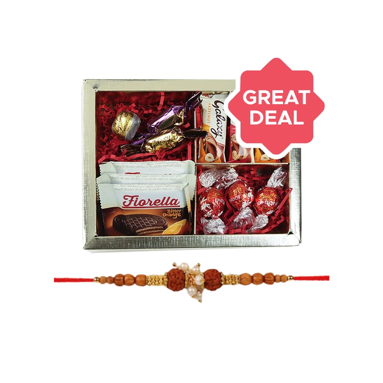 Cococart Assorted Chocolate Gift Pack + Rudraksh Beaded Rakhi (Red) by Shree Rakhi Combo