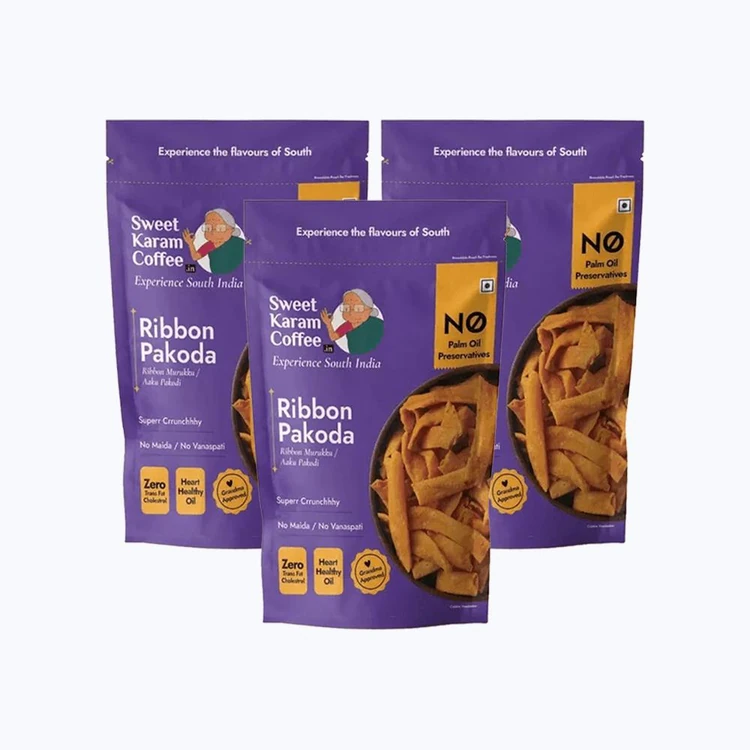 Sweet Karam Coffee Ribbon Pakoda / Murukku Namkeen, - No Palm Oil - Pack of 3