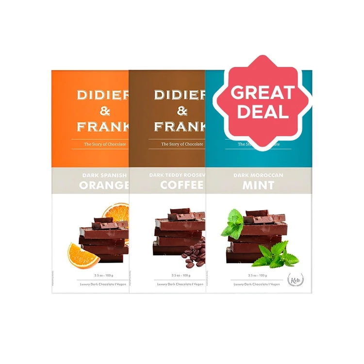 Didier & Frank Spanish Orange Dark Chocolate Bar + Didier & Frank Teddy Roosevelt Coffee Dark Chocolate Bar + Didier & Frank Moroccan Mint Dark Chocolate Bar Combo