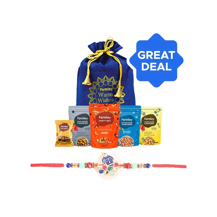 Krishna Stone Studded & Enamelled Rakhi (Multicolour) by Shree Rakhi + Farmley Mix Dry Fruit Gift Pack Potli Combo