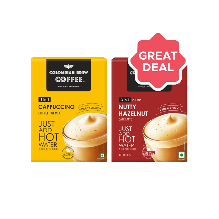 Colombian Brew Coffee 3 in 1 Instant Coffee Premix (Cappuccino) + Colombian Brew Coffee 3 in 1 Instant Coffee Premix (Nutty Hazelnut) Combo