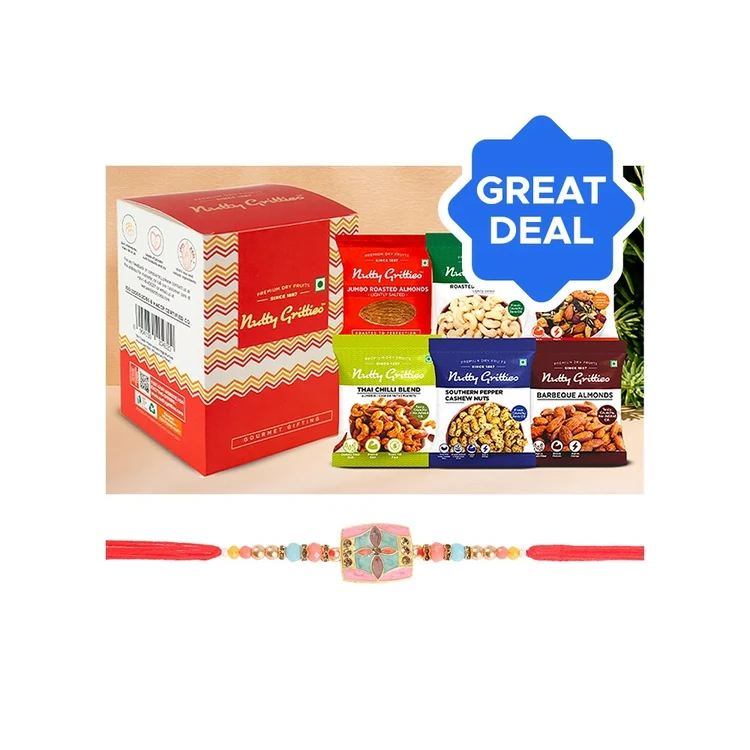 Enamelled Pearl Rakhi (Multicolour) by Shree Rakhi + Nutty Gritties Gourmet Assorted Dry Fruits Gift Pack Combo