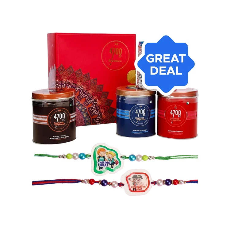Kids Beaded Rakhi Set (Red & Green) by Shree Rakhi + 4700BC Gourmet Popcorn Premium Gift Pack Combo