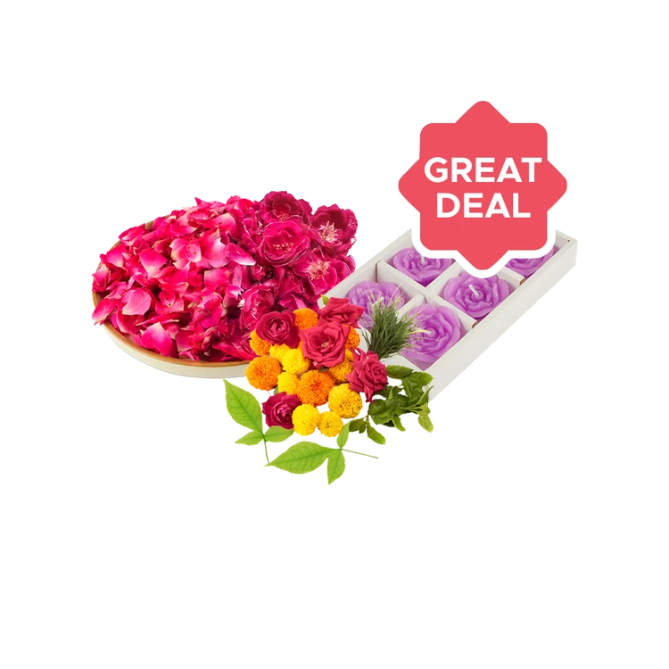Rose Flowers & Petals Mix + Rose Design Floating Candles (Purple) by Auradecor + Pooja Flowers & Greens Mix Combo
