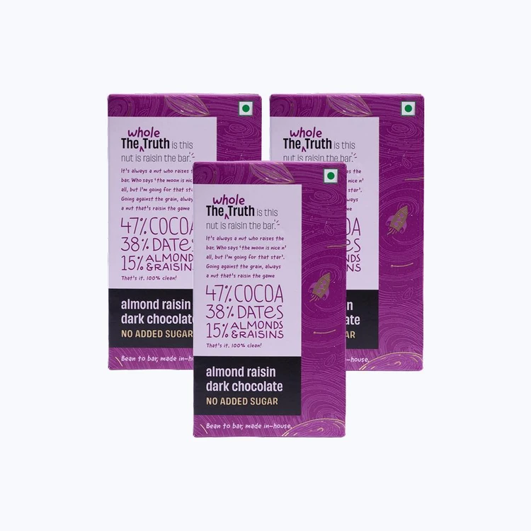 The Whole Truth Almond Raisin Dark Chocolate Bar (Cocoa 47%, Dates 38%, Almonds & Raisins 15%) - Pack of 3