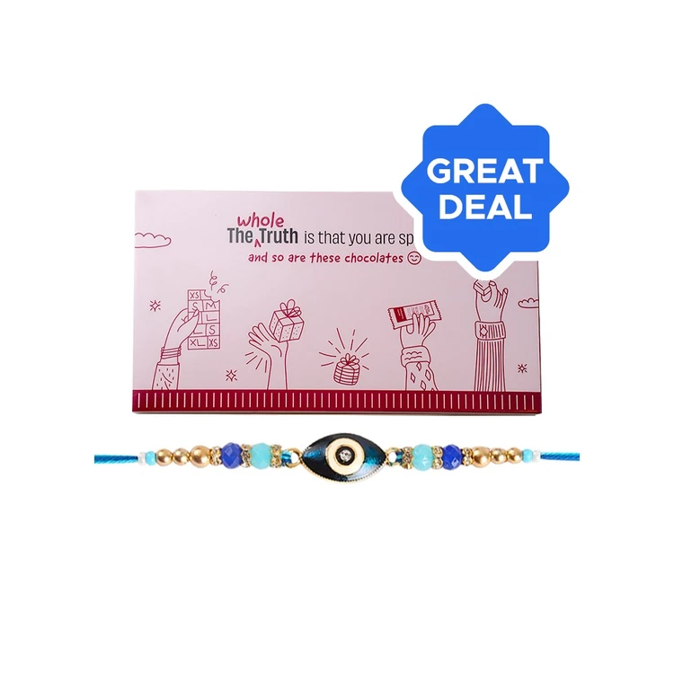 The Whole Truth Special Moments Chocolate with Coasters Gift Box + Evil Eye Beaded Rakhi (Blue) by Shree Rakhi Combo