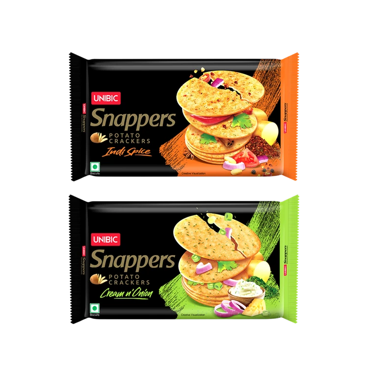 Unibic Snappers Potato Crackers, Cream n Onion +  Snappers Potato Crackers (Indi Spice) Combo