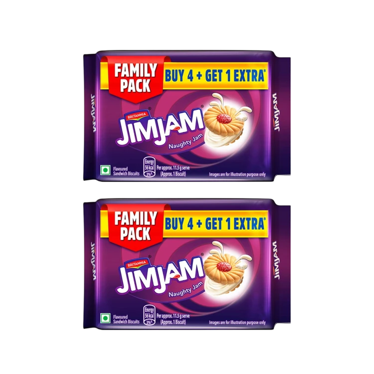 Britannia Treat Jim Jam Sandwich Crème Biscuits - Buy 4 Get 1 Free - Pack of 2