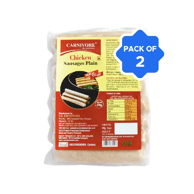 Carnivore Plain Chicken Sausage (Frozen) - Pack of 2