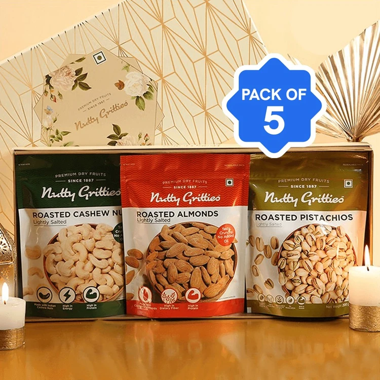 Nutty Gritties Dry Fruits Gift Pack (Roasted & Salted - Almonds + Pistachios + Cashews) - Pack of 5 (Dry Fruits Udugore Pack)