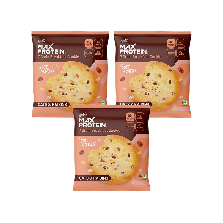 RiteBite Max Protein No Maida 7 Grains Oats & Raisins 10 g Protein Cookies - Pack of 3