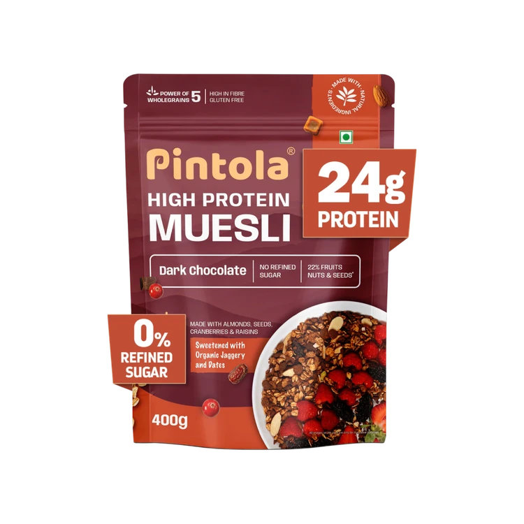 Pintola High Protein Muesli With Dark Chocolate & Cranberry 24g Protein, No Refined Sugar