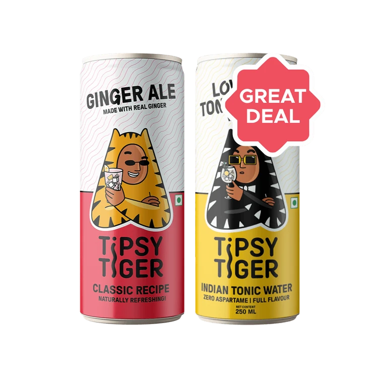 Tipsy Tiger Ginger Ale (Ginger Ale made with Real Ginger) +  Indian Tonic Water (Low Sugar & Calorie) Combo