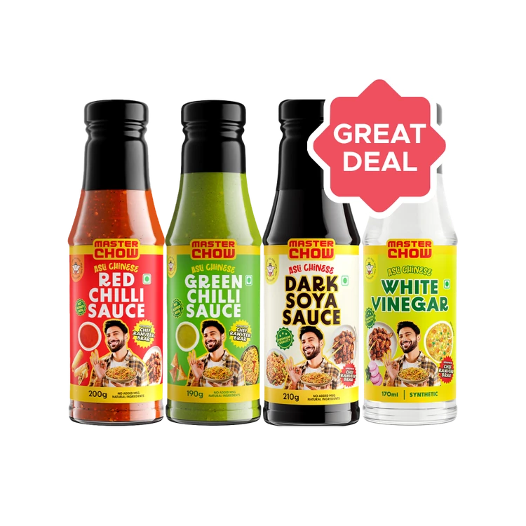 MasterChow Green Chilli Sauce +  Dark Soya Sauce +  Red Chilli Sauce +  White Vinegar Combo