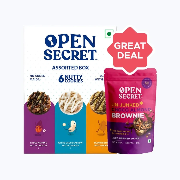 Open Secret Chocolate Almond Valentines Heart Brownie, Veg Cake +  Assorted Protein Cookies Gift Pack - Choco Almonds, White Choco Cashews & Peanut Butter Combo