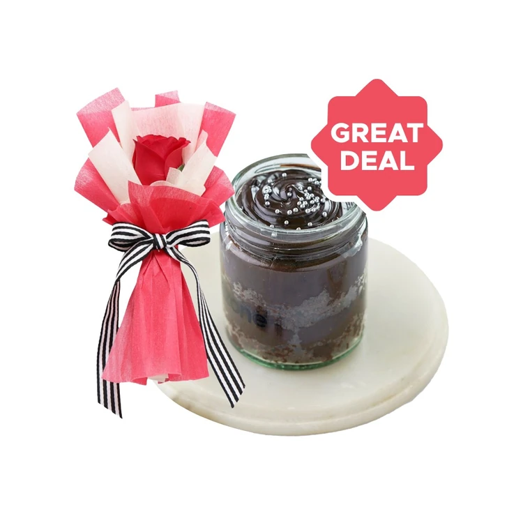IGP Eternal Love Single Red Rose Bouquet + Cakezone Chocolate Mini Jar Cake Combo