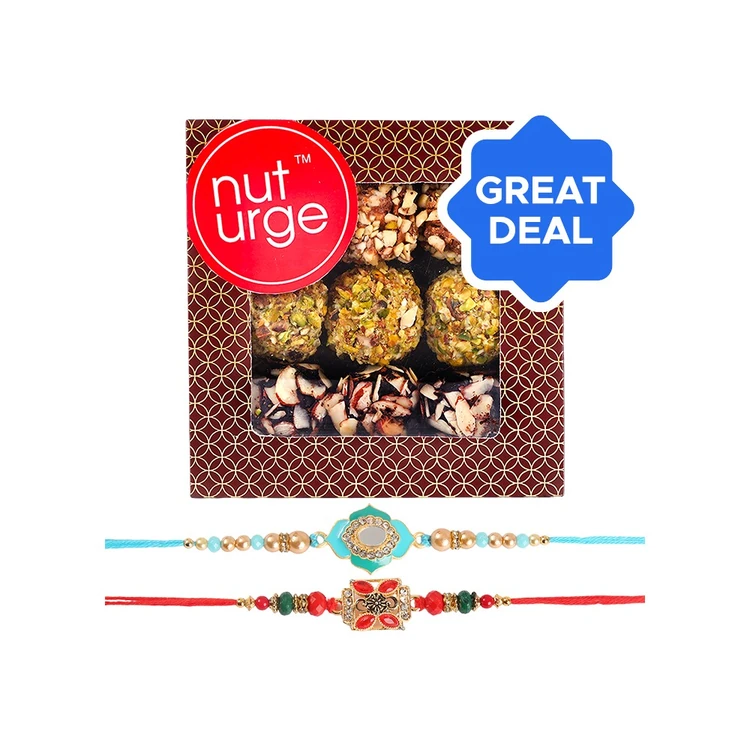 Enamelled & Studded Rakhi (Aqua Blue & Red) by Shree Rakhi + Nuturge Assorted Truffles Box with Nuts & Chocolate Combo