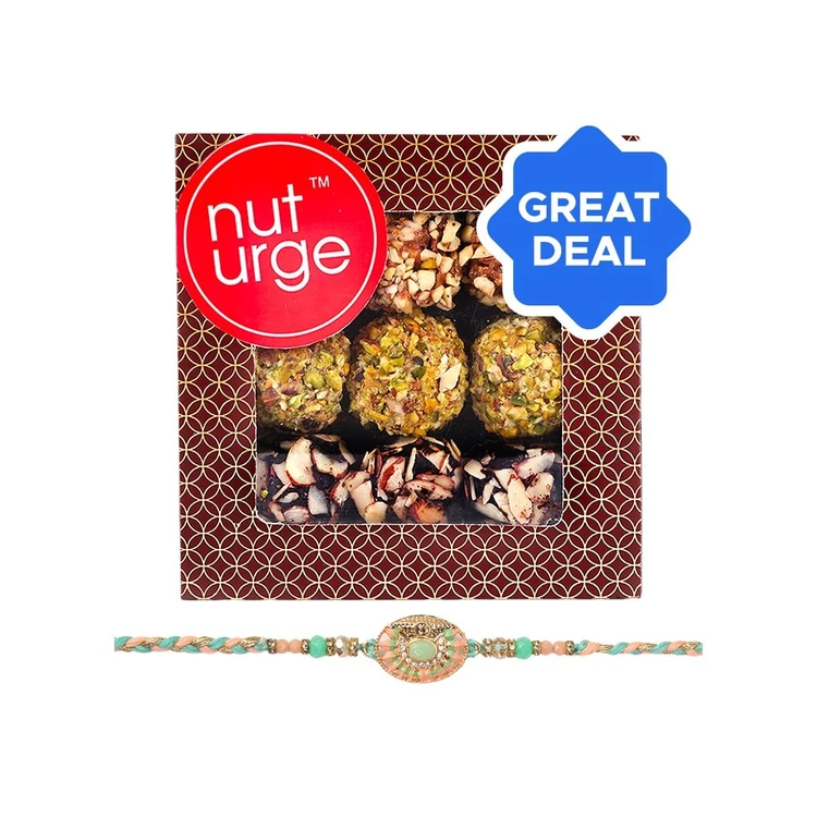 Studded & Beaded Rakhi (Sea Green & Peach) by Shree Rakhi + Nuturge Assorted Truffles Box with Nuts & Chocolate Combo