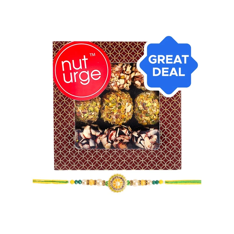 Enamelled Beaded Rakhi (Yellow & Green) by Shree Rakhi + Nuturge Assorted Truffles Box with Nuts & Chocolate Combo