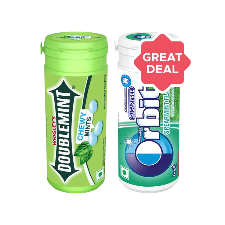 Orbit Spearmint Flavour Sugar Free Chewing Gum + Wrigley's Doublemint Peppermint Chewy Mint Candies Combo