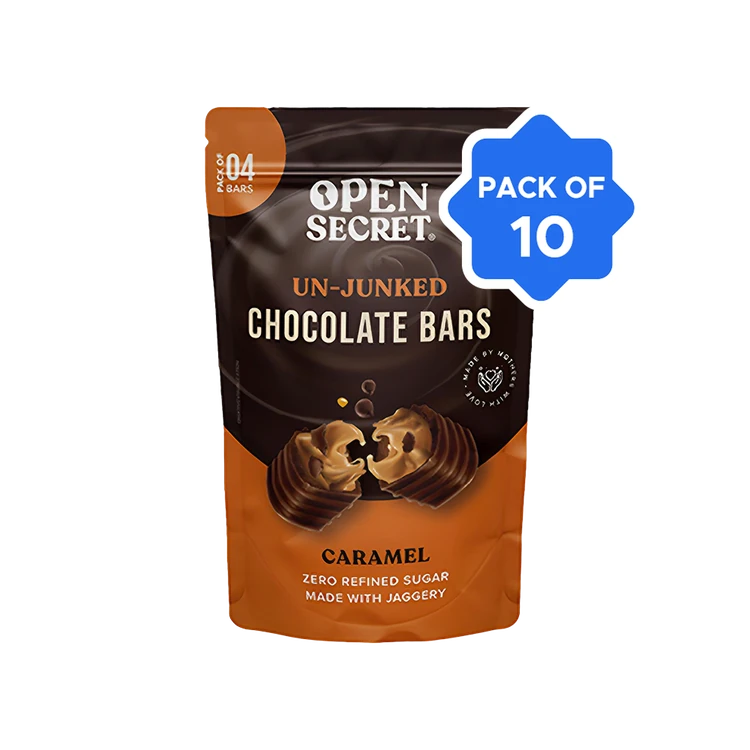Open Secret Caramel Filled Bar Chocolate Pack Zero Refined Sugar - Pack of 10