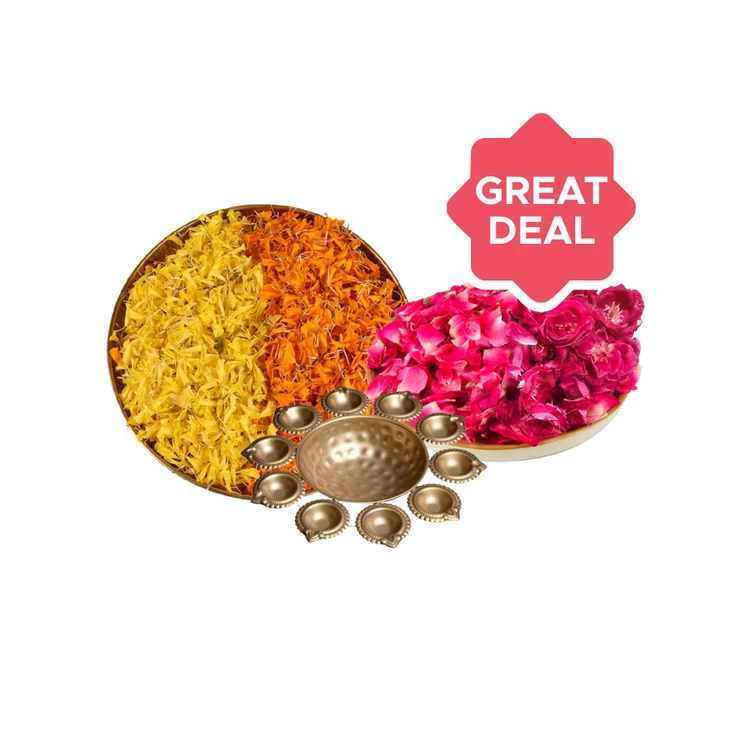 Mix Marigold Flower Petals + Floral Design Deep Diya Urli (Golden) - Svasti + Rose Flowers & Petals Mix Combo
