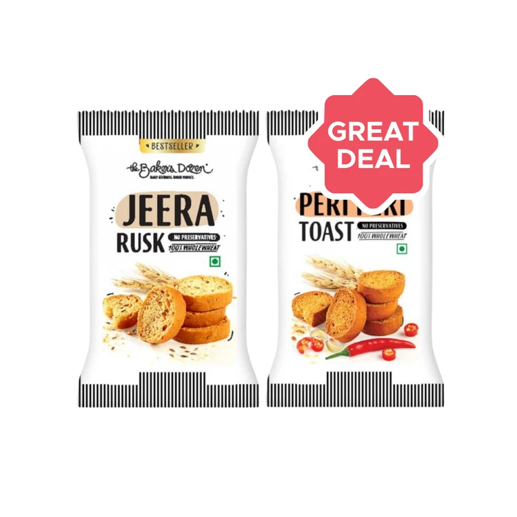The Baker's Dozen 100% Wholewheat Jeera Rusk + The Baker's Dozen 100% Wholewheat Peri Peri Toast Combo