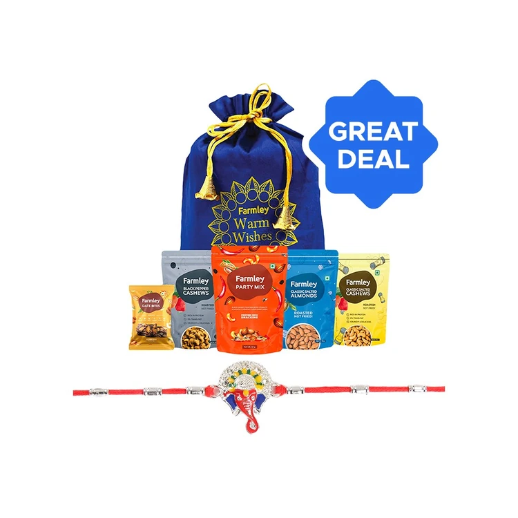Ganesh Ji Enamelled Rakhi (Red) by Shree Rakhi + Farmley Mix Dry Fruit Gift Pack Potli Combo