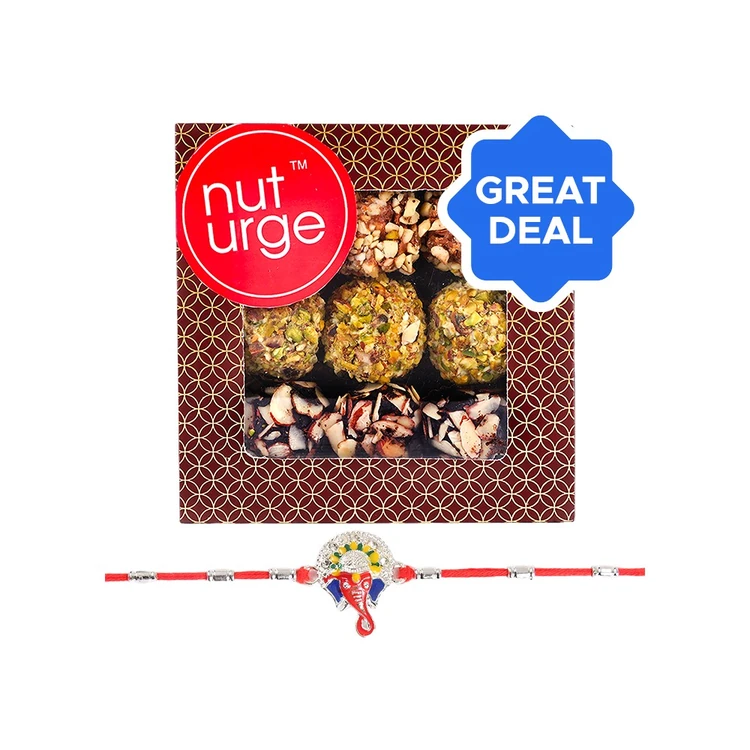 Ganesh Ji Enamelled Rakhi (Red) by Shree Rakhi + Nuturge Assorted Truffles Box with Nuts & Chocolate Combo