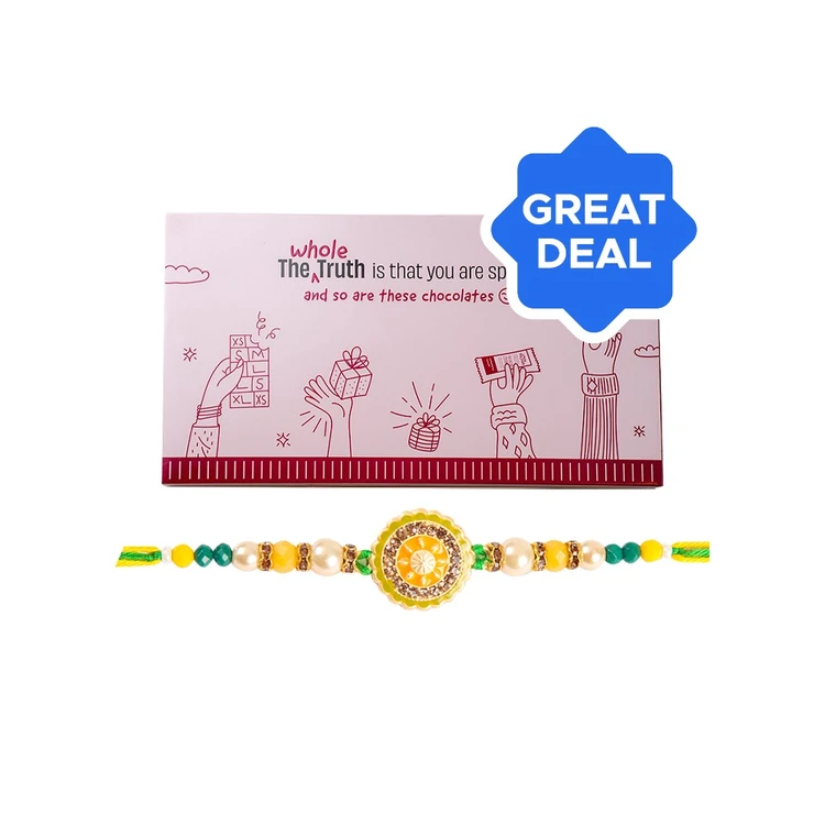 The Whole Truth Special Moments Chocolate with Coasters Gift Box + Enamelled Beaded Rakhi (Yellow & Green) by Shree Rakhi Combo