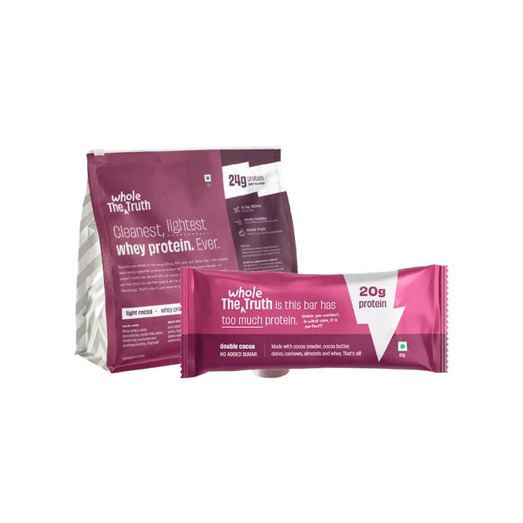 The Whole Truth Light Cocoa Whey Protein Powder (24 g Protein Per Scoop, 6.6 g BCAA) +  20 g Protein Bar - Double Cocoa Combo