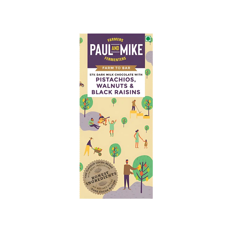 Paul and Mike (Pista Walnut Raisin) 57% Dark Milk Chocolate