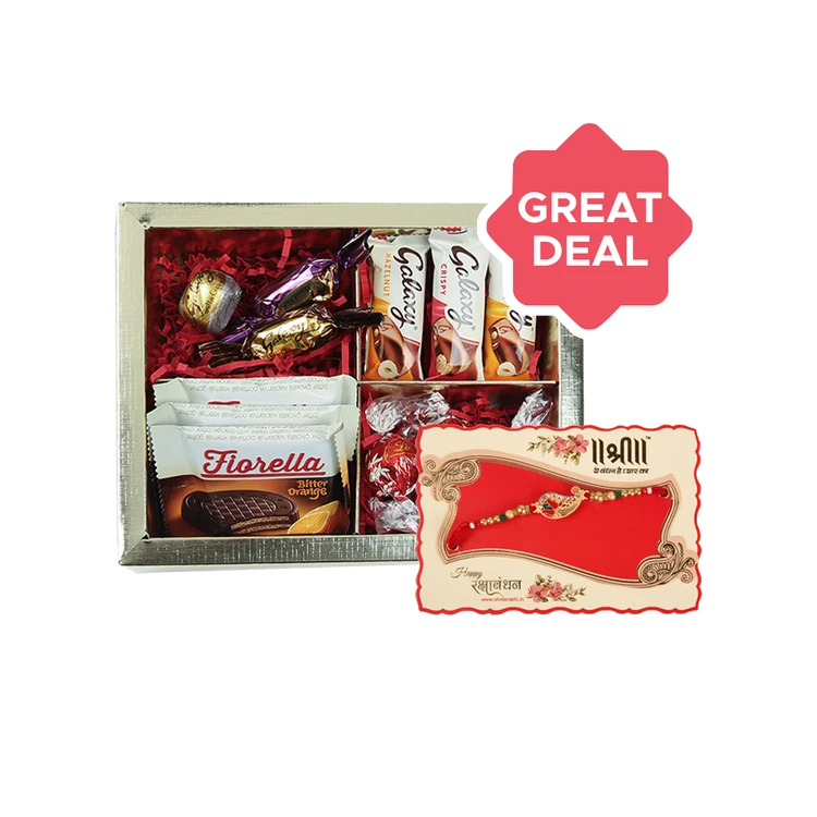 Cococart Assorted Chocolate Gift Pack + Stone Studded Paisley Rakhi (Beige & Red) by Shree Rakhi Combo