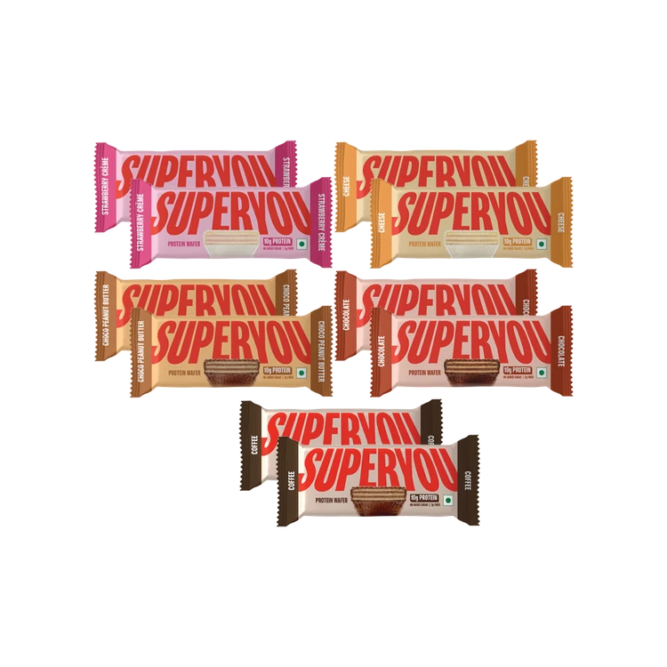 SuperYou Strawberry Creme Wafer Protein Bar x 2 +  Choco Peanut Butter Wafer Protein Bar x 2 +  Cheese Wafer Protein Bar x 2 +  Chocolate Wafer Protein Bar x 2 +  Coffee Protein Wafer Bar x 2 Combo