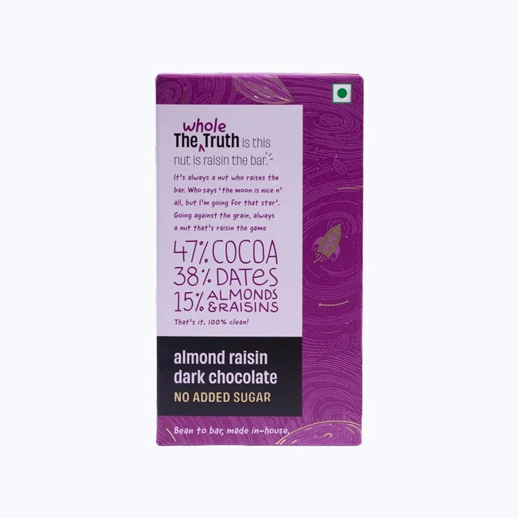 The Whole Truth Almond Raisin Dark Chocolate Bar (Cocoa 47%, Dates 38%, Almonds & Raisins 15%)