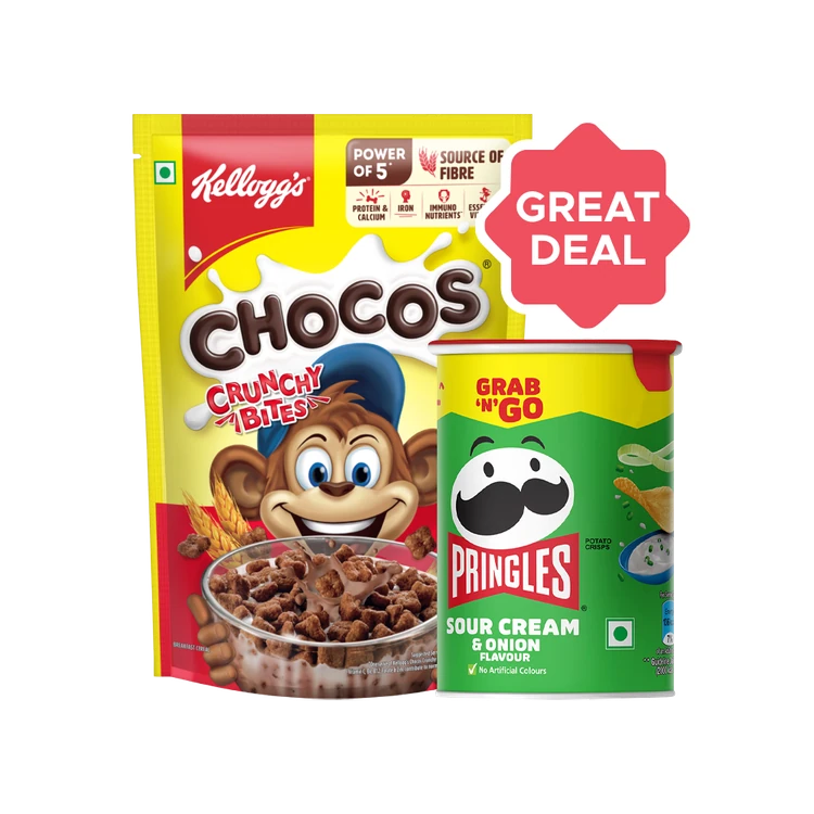 Kellogg's Chocos Crunchy Bites Kids Cereal + Pringles Sour Cream & Onion Potato Chips (40 g) Combo