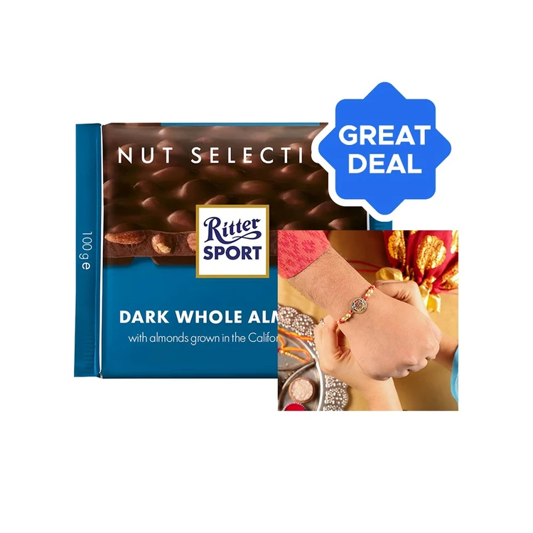 Ritter Sport Whole Almonds Dark Chocolate Bar + Enamelled & Beaded Rakhi (Red & Yellow) by Shree Rakhi Combo