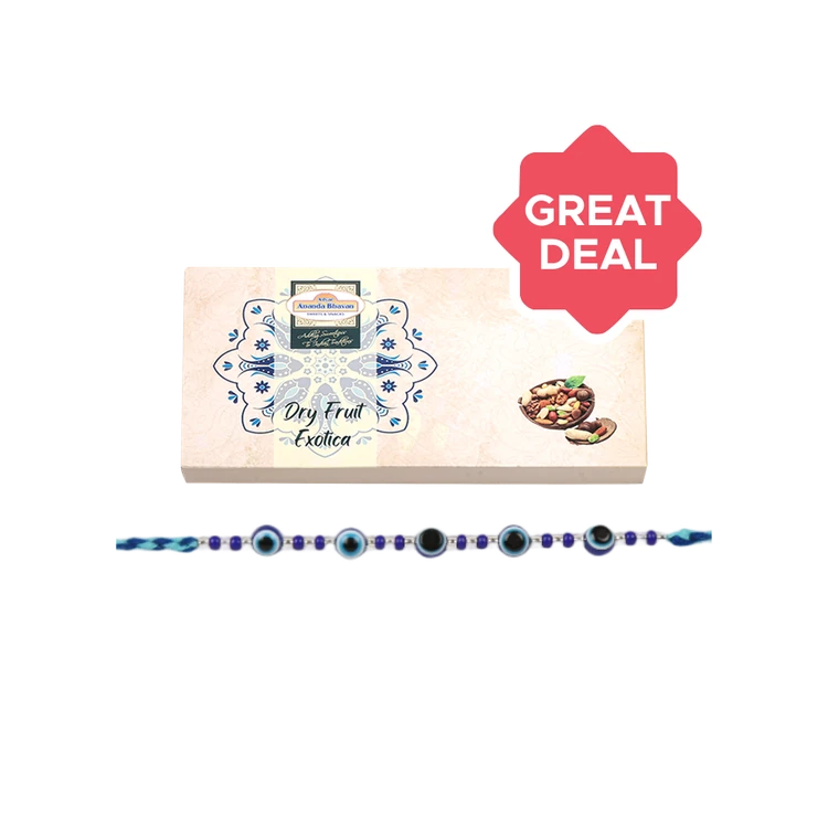 A2B Exotica Assorted Dry Fruits Gift Box (Variety of 6) + Beaded Evil Eye Rakhi (Blue) by Shree Rakhi Combo