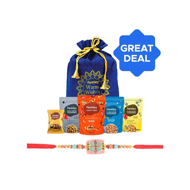 Enamelled Pearl Rakhi (Multicolour) by Shree Rakhi + Farmley Mix Dry Fruit Gift Pack Potli Combo