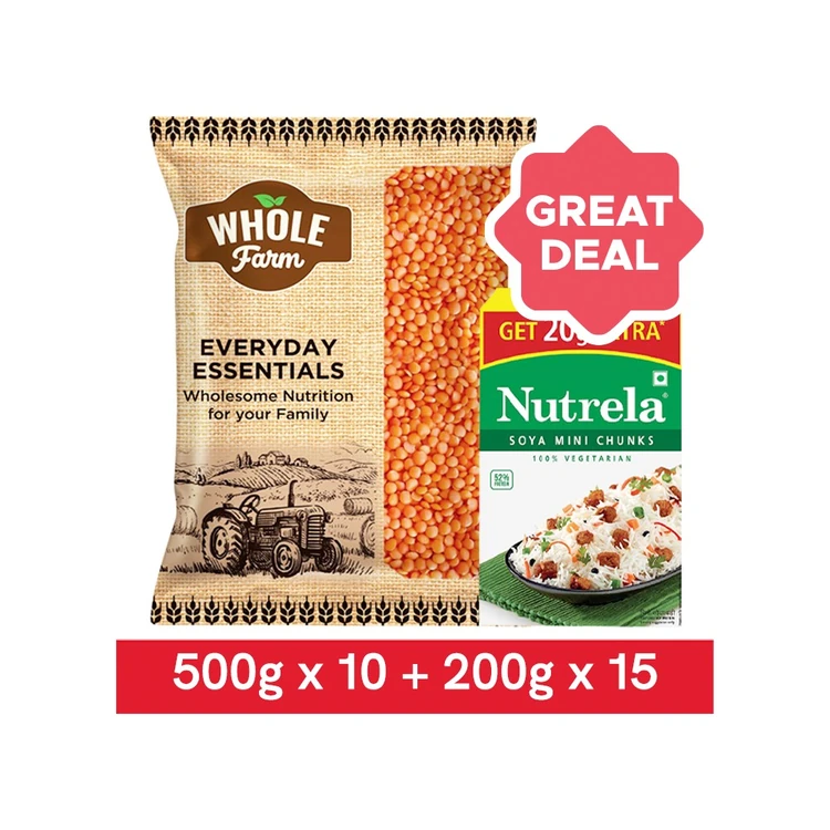 Whole Farm Premium Malka Masoor Chatti (Small) x 10 + Nutrela Soya Mini Chunks x 15 Combo