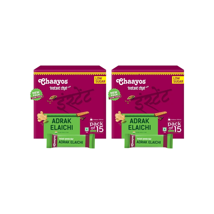 Chaayos Adrak Elaichi Instant Tea Premix Low Sugar - Pack of 2