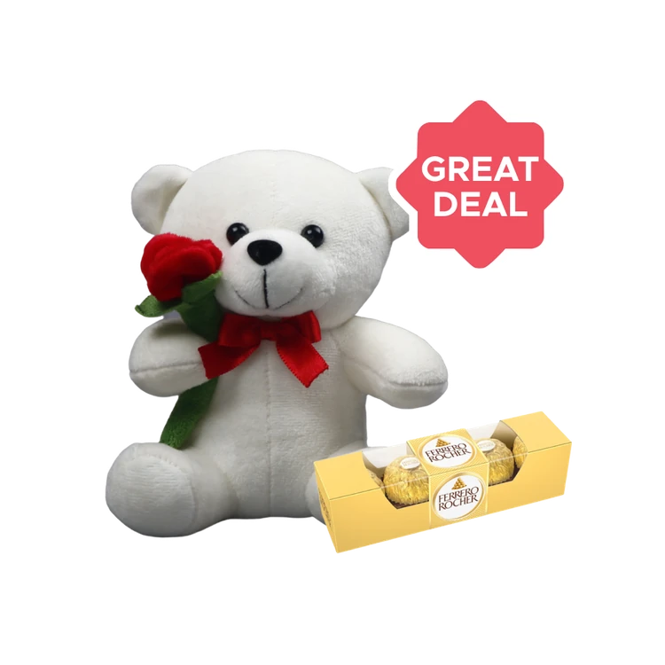 Small Teddy Bear Soft Toy with Red Rose (Off-White) - Archies + Ferrero Rocher Gift Pack (4 pieces) Combo