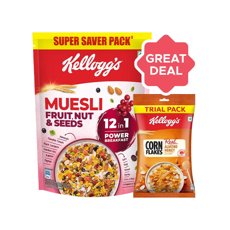 Kellogg’s Muesli Fruit Nut & Seeds 12-in-1 Multigrain Cereal+ Kellogg's Real Almond Honey Corn Flakes Combo