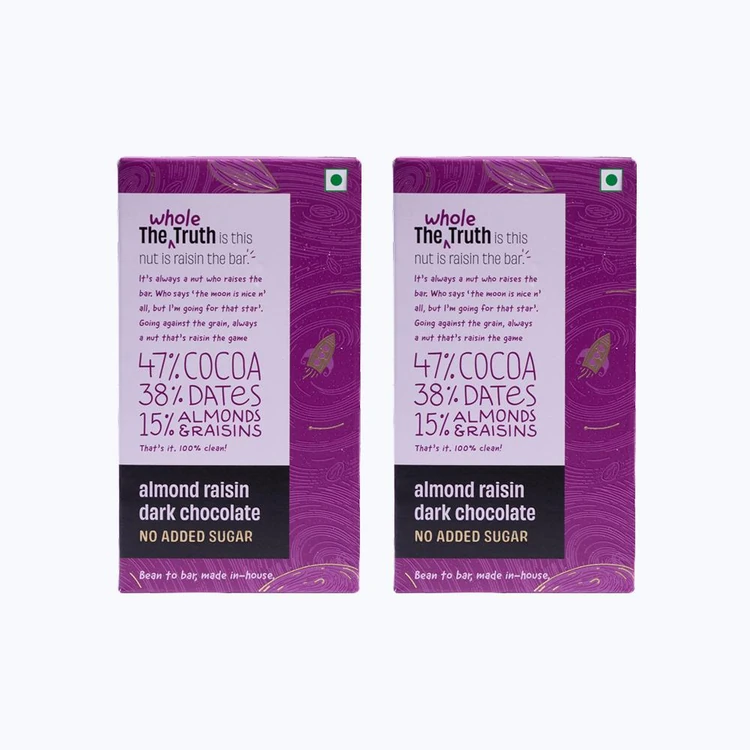 The Whole Truth Almond Raisin Dark Chocolate Bar (Cocoa 47%, Dates 38%, Almonds & Raisins 15%) - Pack of 2