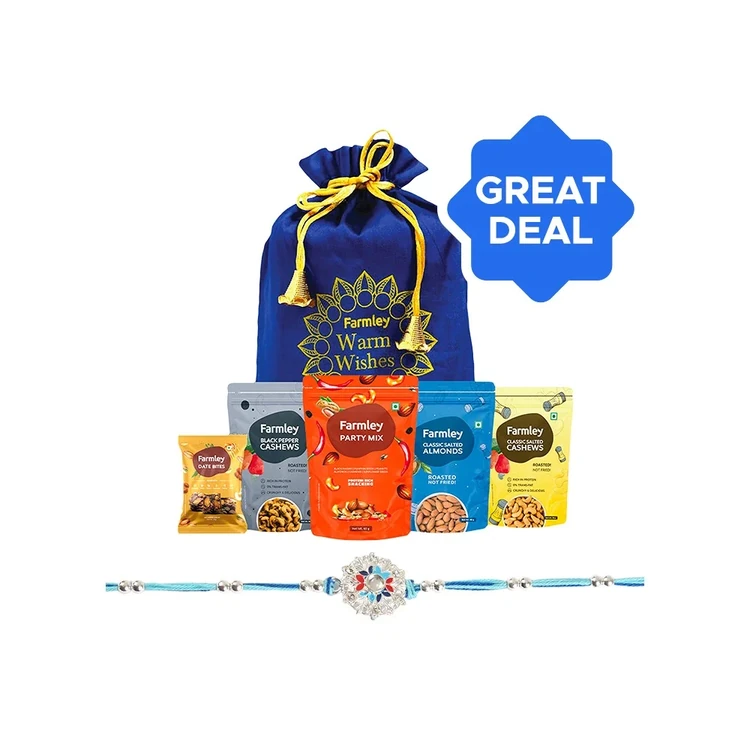 Silver Enamelled Rakhi (Blue) by Shree Rakhi + Farmley Mix Dry Fruit Gift Pack Potli Combo