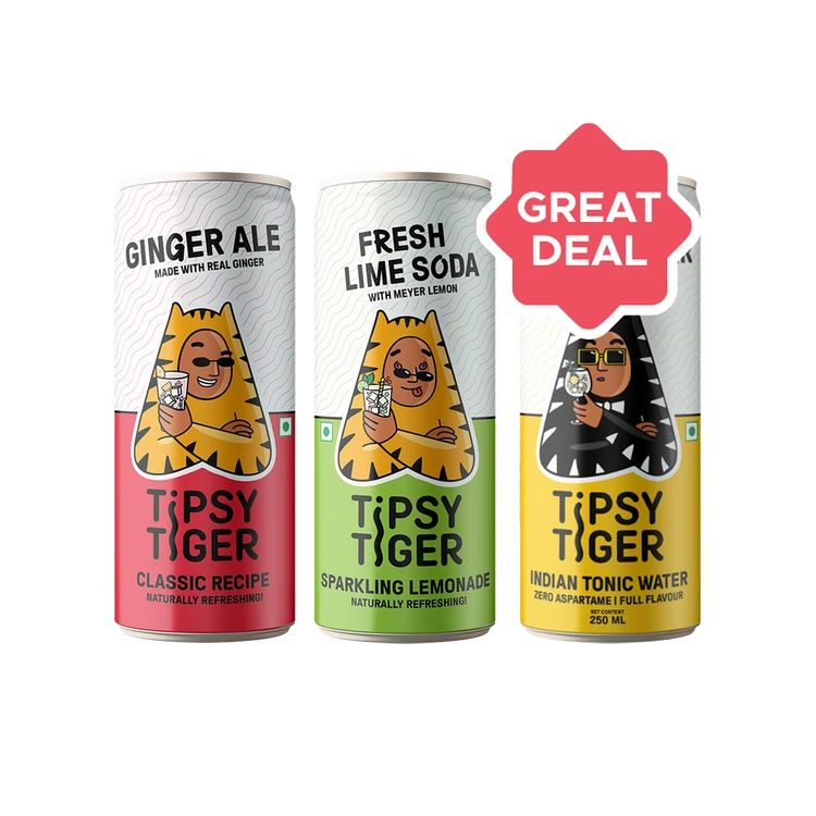 Tipsy Tiger Ginger Ale (Ginger Ale made with Real Ginger) +  Fresh Lime Soda - Sparkling Water and Lemon Drink +  Indian Tonic Water (Low Sugar & Calorie) Combo